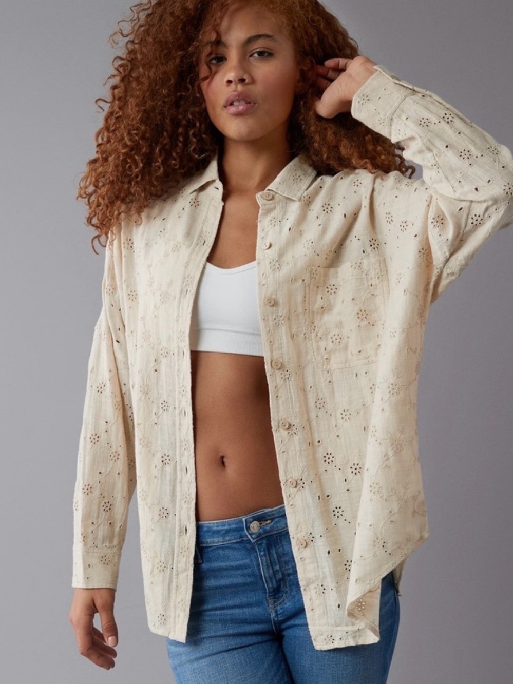 American Eagle Outfitters Cream Eyelet Button-Down Shirt